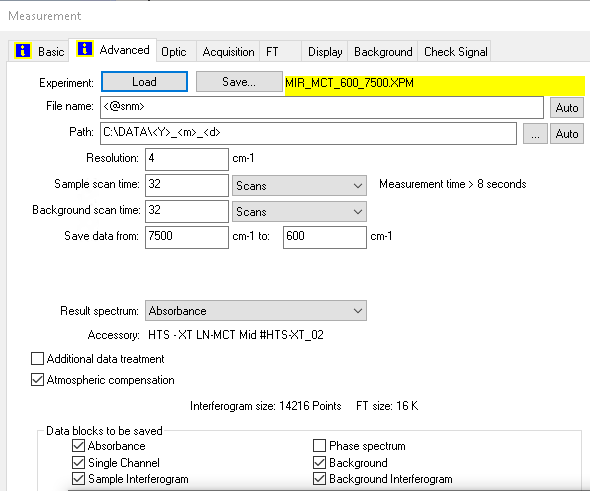 OPUS measurement settings for Bruker INVENIO® Fourier-transform (FT) mid-infrared spectrometer